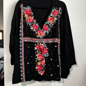 Floral Embroidered Black Top